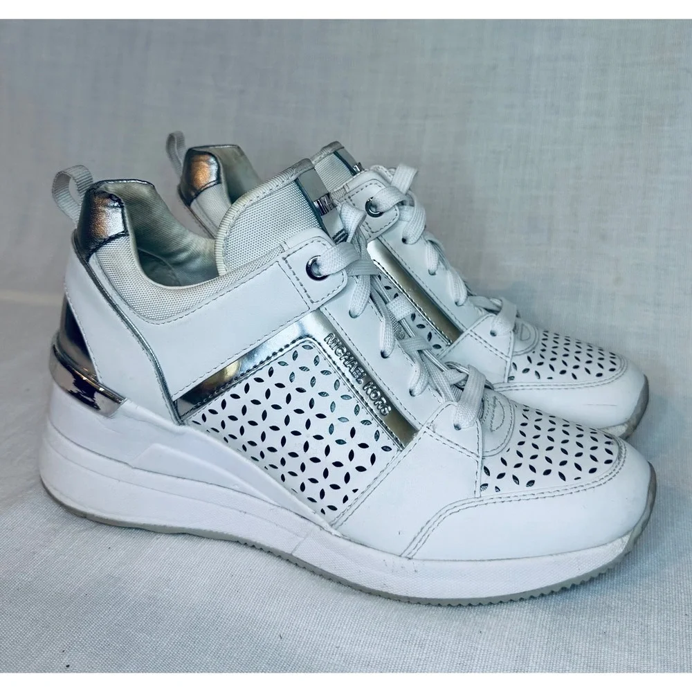 Michael Kors Georgie White Silver Laser Cut Wedge Sneakers Fashion Trainers